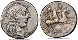 Q. Minucius Rufus (ca. 122 BC). AR denarius (18mm, 3.92 gm, 8h). NGC XF 4/5 - 3/5, light scratches. Rome. RVF, head of Roma right, wearing winged helm...