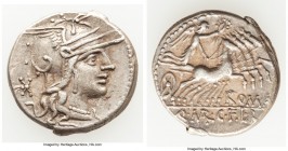 Q. Marcius (ca. 118-117 BC). AR denarius (19mm, 3.90 gm, 4h). VF. Rome. Helmeted head of Roma right with curl on left shoulder, X (mark of value) behi...