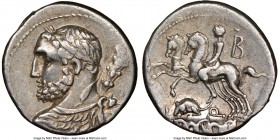 Ti. Quinctius (ca. 112-111 BC). AR denarius (19mm, 9h). NGC XF. Rome. Laureate bust of Hercules left, draped with lion skin, club in right hand over s...