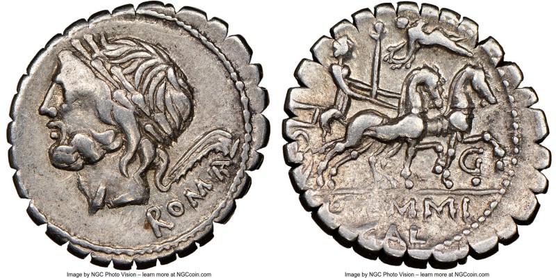 L. Memmius Galeria (ca. 106 BC). AR denarius serratus (19mm, 6h). NGC Choice VF....
