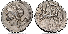 L. Memmius Galeria (ca. 106 BC). AR denarius serratus (19mm, 6h). NGC Choice VF. Rome. ROMA, laureate head of Saturn left; harpa to right / Venus driv...