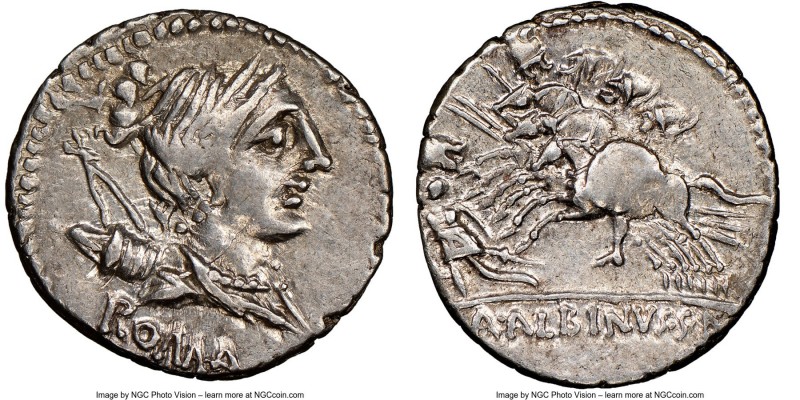 A. Albinus Sp.f. (ca. 96 BC). AR denarius (20mm, 9h). NGC Choice XF. Rome. ROMA,...