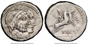 C. Censorinus (88 BC). AR denarius (18mm, 12h). NGC VF. Rome. Jugate, diademed heads of Numa Pompilius and Ancus Marcius right / C•CENSO, desultor rig...