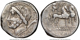 L. and C. Memmius L.f. Galeria (ca. 87 BC). AR denarius (17mm, 6h). NGC VF. Rome. EX•S•C, laureate head of Saturn left; E•X below chin, harpa behind /...