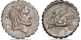 Q. Antonius Balbus (83-82 BC). AR denarius serratus (18mm, 6h). NGC AU. Rome. Laureate head of Jupiter right; S•C behind / Q•ANTO•BAB/PR (ANT ligate),...