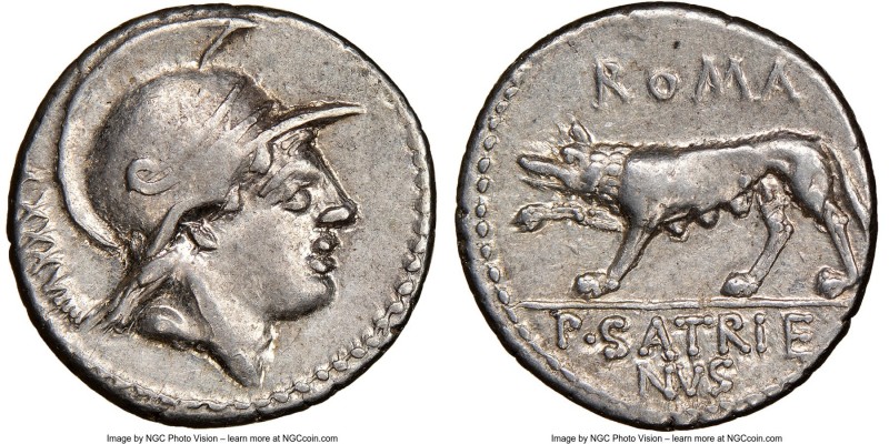 P. Satrienus (77 BC). AR denarius (17mm, 11h). NGC Choice XF. Rome. Helmeted hea...