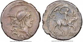 L. Valerius Acisculus (ca. 45 BC). AR denarius (19mm, 1h). NGC Choice VF, edge marks. Rome. ACISCVLVS, head of Apollo Soranus right, lightly bearded, ...