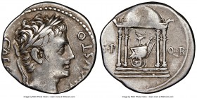 Augustus (27 BC-AD 14). AR denarius (18mm, 5h). NGC VF, bankers mark. Spanish mint (Colonia Patricia?), ca. 18 BC. CAESARI-AVGVSTO, laureate head of A...