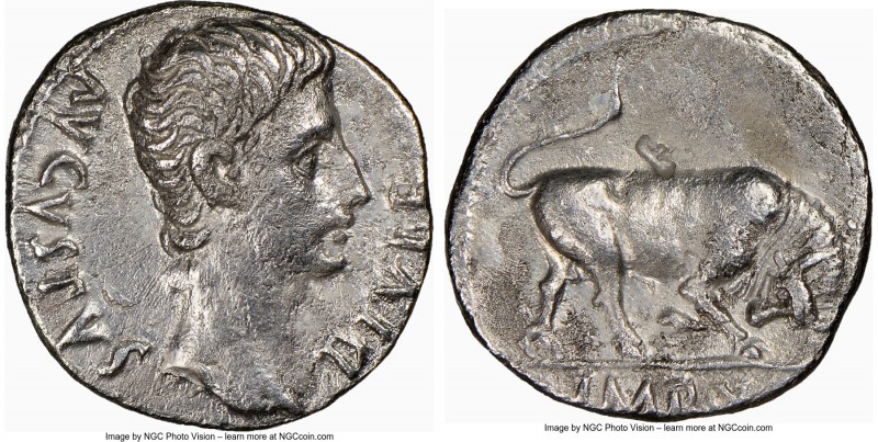 Augustus (27 BC-AD 14). AR denarius (19mm, 5h). NGC Choice VF, bankers mark Lugd...