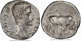 Augustus (27 BC-AD 14). AR denarius (19mm, 5h). NGC Choice VF, bankers mark Lugdunum, ca. 15-13 BC. AVGVSTVS-DIVI•F, bare head of Augustus right; dott...