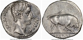 Augustus (27 BC-AD 14). AR denarius (19mm, 6h). NGC Choice VF, bankers mark, brushed. Lugdunum, ca. 15-13 BC. AVGVSTVS-DIVI•F, bare head of Augustus r...