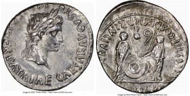 Augustus (27 BC-AD 14). AR denarius (19mm, 3.45 gm, 12h). NGC Choice AU 4/5 - 2/5. Lugdunum, 2 BC-AD 4. CAESAR AVGVSTVS-DIVI F PATER PATRIAE, laureate...
