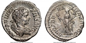 Caracalla (AD 198-217). AR denarius (19mm,3.57gm 6h). NGC MS 4/5 - 4/5. Rome, 201-206. ANTONINVS-PIVS AVG Laureate and draped bust of Caracalla to rig...