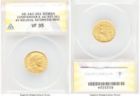 Constantius II, as Augustus (AD 337-361). AV solidus (21mm, 4.42 gm, 6h). ANACS VF 35. Nicomedia, AD 340-351. CONSTAN-TIVS AVG, rosette-diademed, drap...