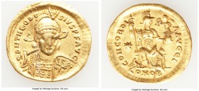 Theodosius II, Eastern Roman Empire (AD 402-450). AV solidus (21mm, 4.21 gm, 12h). VF, bent, graffiti. Constantinople, 10th officina, ca. AD 408-420. ...