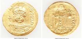 Maurice Tiberius (AD 582-602). AV solidus (23mm, 4.49 gm, 6h). AU. Constantinople, 10th officina. o N mAVRC-TIb PP AVG, draped and cuirassed bust of M...