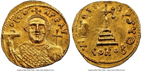 Leontius (AD 695-698). AV solidus (20mm, 4.42 gm, 6h). NGC MS 4/5 - 3/5, scratches, die shift. Constantinople, 9th officina. D LЄO-N PЄ AV, facing bus...