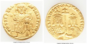 Basil I the Macedonian (AD 867-886), with Constantine. AV solidus (20mm, 4.27 gm, 6h). VF. Constantinople, AD 870-871. + IhS XPS RЄX-RЄϚNANTIЧM*, full...