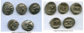ANCIENT LOTS. Greek. Carian Islands. Rhodes. Ca. 88-84 BC. Lot of five (5) AR drachms. VF. Includes: (5) Plinthophoric standard, AR drachms. Various m...