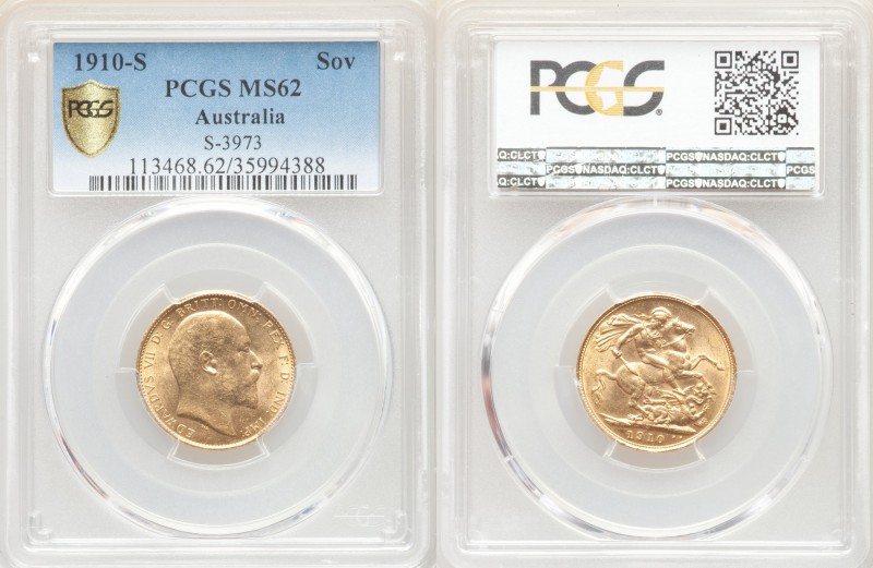 Edward VII gold Sovereign 1910-S MS62 PCGS, Sydney mint, KM15, S-3973. AGW 0.235...