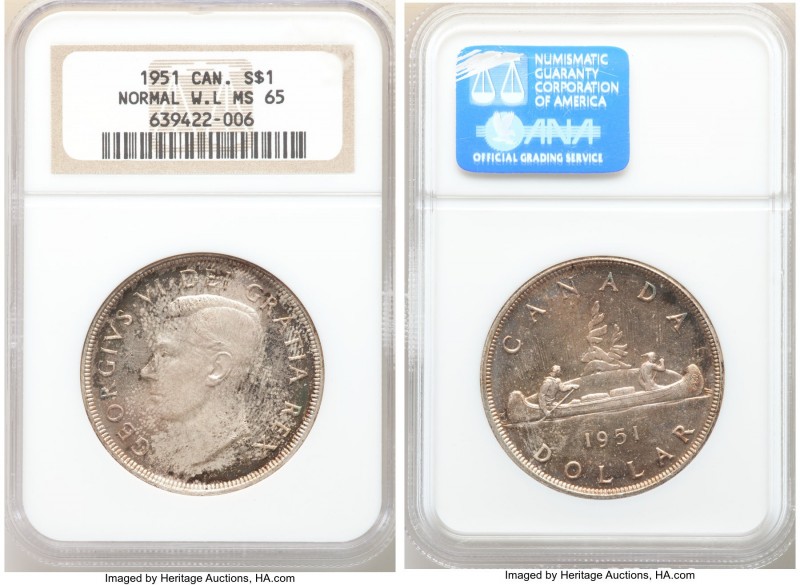 George VI Dollar 1951 MS65 NGC, Royal Canadian mint, KM46. Normal waterline vari...