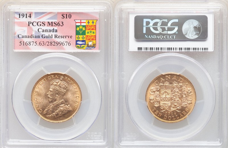 George V gold 10 Dollars 1914 MS63 PCGS, Ottawa mint, KM27, Fr-3. Ex. Canadian G...