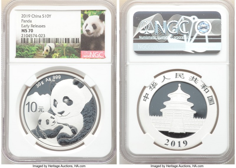 People's Republic 10-Piece Lot of Certified Panda 10 Yuan 2019 MS70 NGC, KM-Unl....