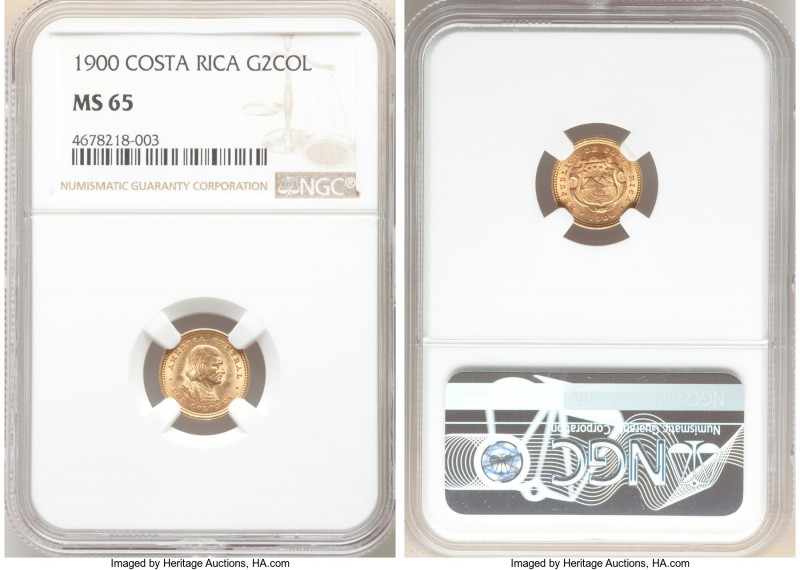 Republic gold 2 Colones 1900 MS65 NGC, Philadelphia mint, KM139. 

HID09801242...