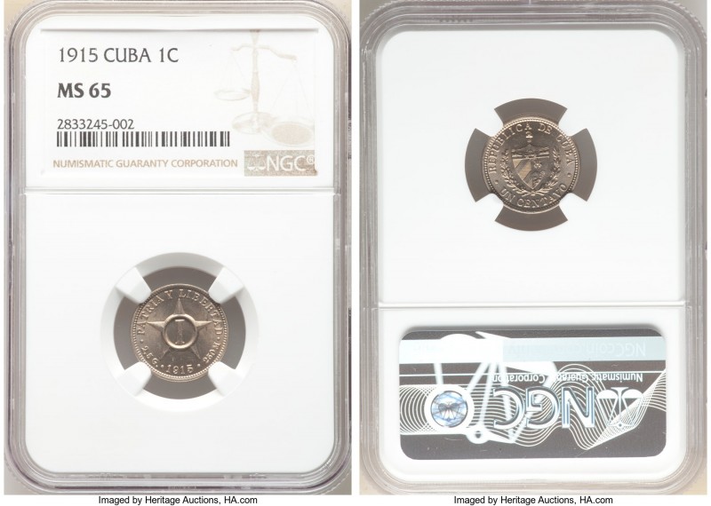 Republic Centavo 1915 MS65 NGC, Philadelphia mint, KM9.1. Rose-gray toned. 

H...