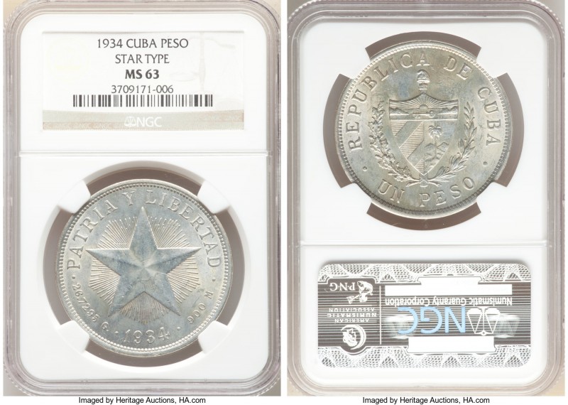 Republic "Star" Peso 1934 MS63 NGC, KM15.2. Last year of type. 

HID0980124201...