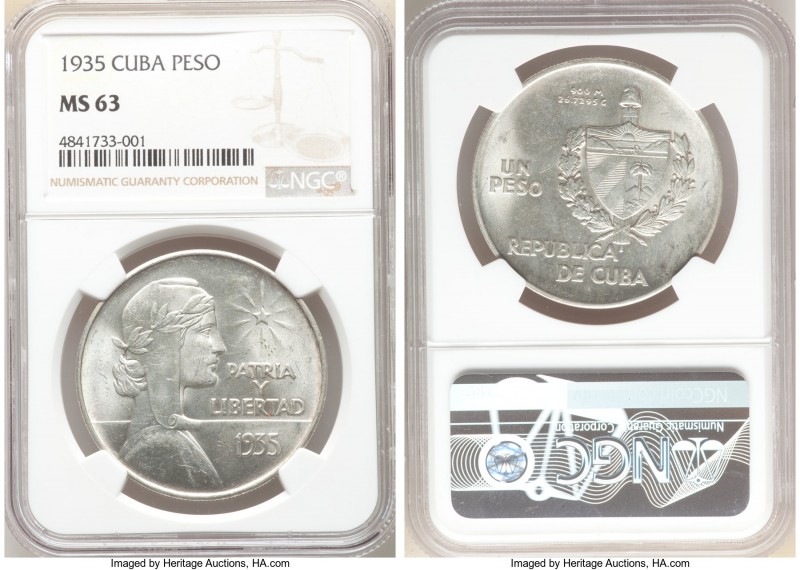 Republic "ABC" Peso 1935 MS63 NGC, Philadelphia mint, KM22. Untoned white surfac...