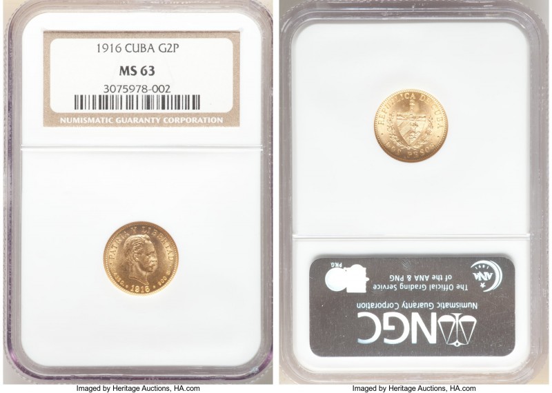 Republic gold 2 Pesos 1916 MS63 NGC, KM17. Two year type. Cartwheel luster. 

...