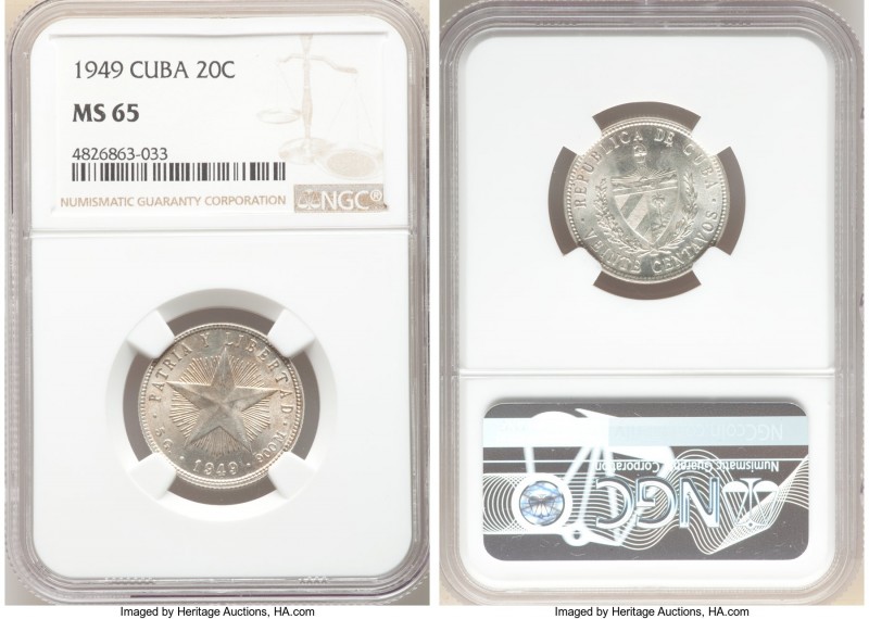 Republic 20 Centavos 1949 MS65 NGC, KM13.2. Mint bloom with satin surfaces, trac...
