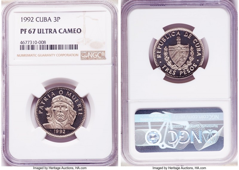 Republic Pair of Certified 3 Pesos 1992 NGC, 1) 3 Pesos - PR67 Ultra Cameo, KM34...