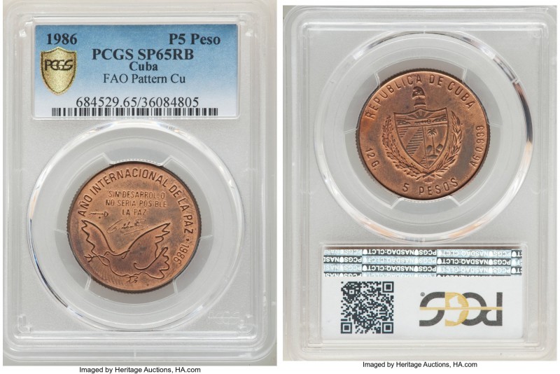 Republic copper Specimen Pattern "FAO" 5 Pesos 1986 SP65 Red and Brown PCGS, KM-...