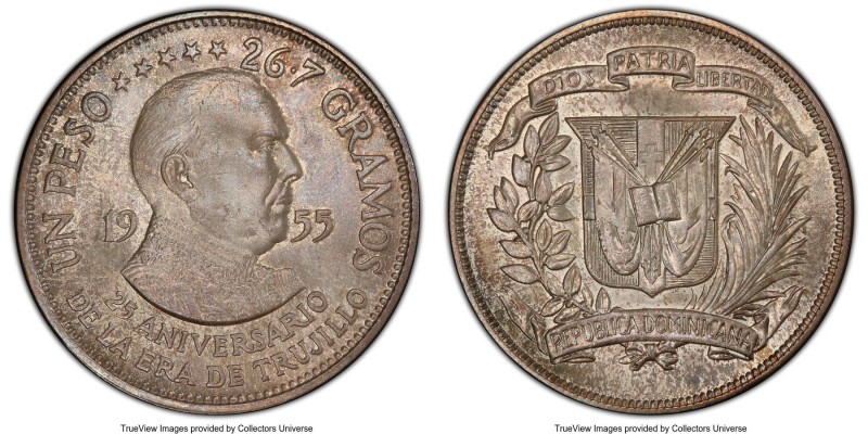 Republic Peso 1955-(p) MS65 PCGS, Philadelphia mint, KM23. Trujillo anniversary ...