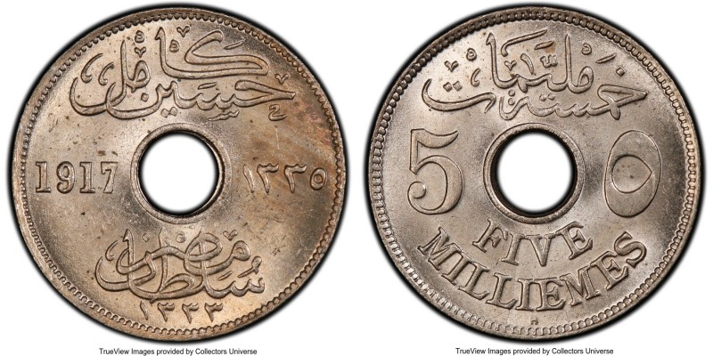 Hussein Kamil 5 Milliemes AH 1335 (1917)-H MS64 PCGS, Heaton mint, KM315. Ex. E....