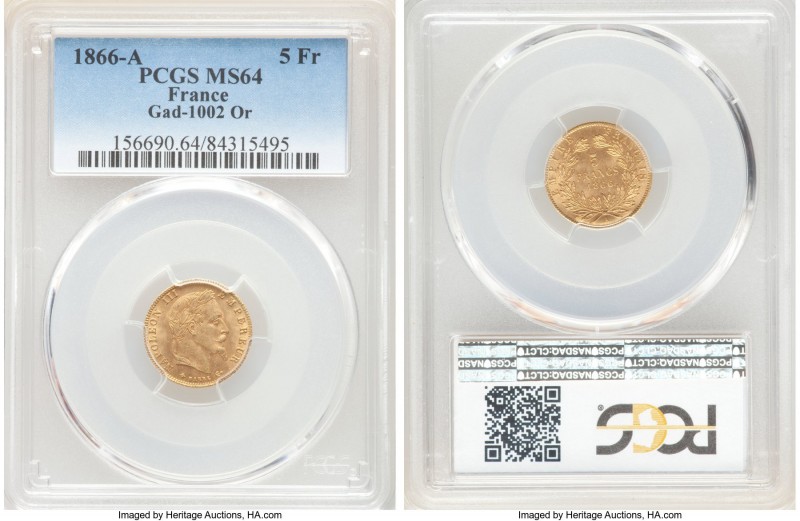 Napoleon III gold 5 Francs 1866-A MS64 PCGS, Paris mint, KM803.1, Gad-1002. 

...