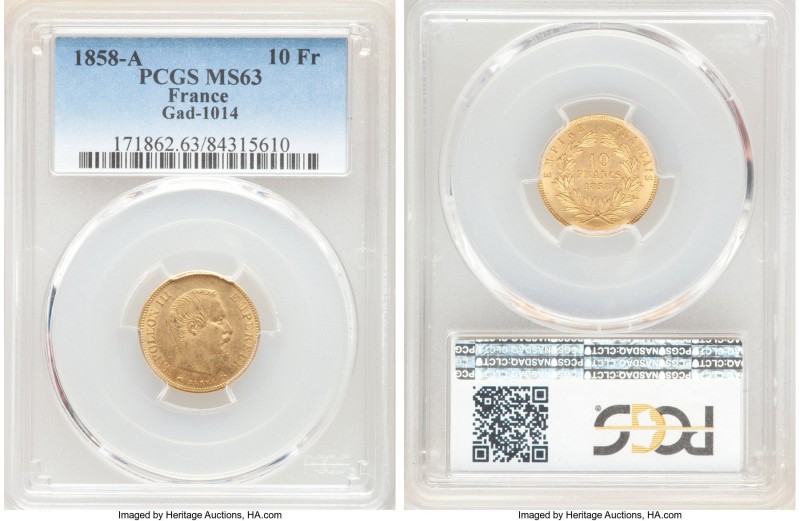 Napoleon III gold 10 Francs 1858-A MS63 PCGS, Paris mint, KM784.3. AGW 0.0933 oz...