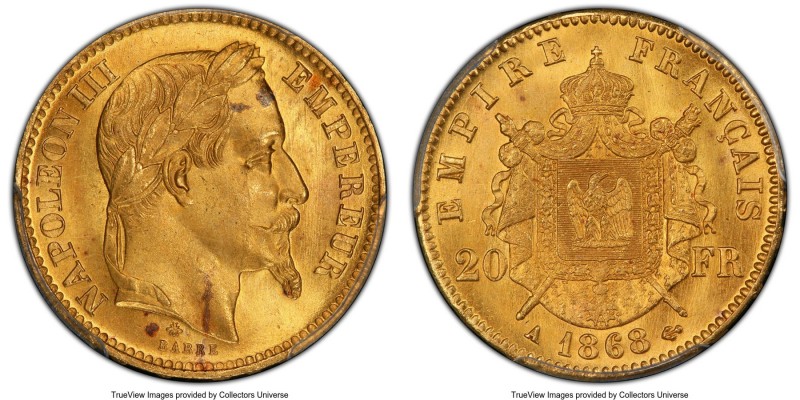 Napoleon III gold 20 Francs 1868-A MS64 PCGS, Paris mint, KM801.1. AGW 0.1867 oz...