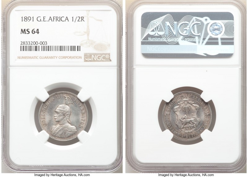 German Colony. Wilhelm II 1/2 Rupie 1891 MS64 NGC, KM4. Lowest mintage and first...