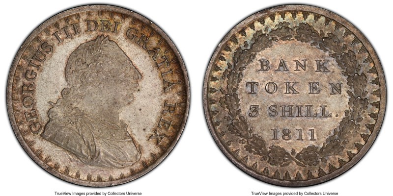George III Bank Token of 3 Shillings 1811 MS65 PCGS, KM-Tn4, S-3769. Lustrous sa...