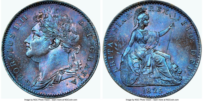 George IV Farthing 1825 MS65+ Brown NGC, KM677, S-3822. Florescent cerulean toni...