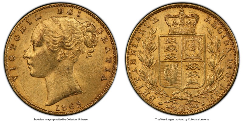Victoria gold Sovereign 1863 MS62 PCGS, KM736.1, S-3825D. No Die #, Arabic 1 var...