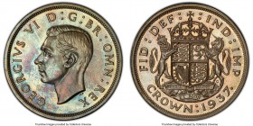 George VI Proof Crown 1937 PR64 PCGS, KM857, S-4079. Mintage: 20,000. One year type. Luminescent magenta, teal and gold shades over a dove-gray base. ...