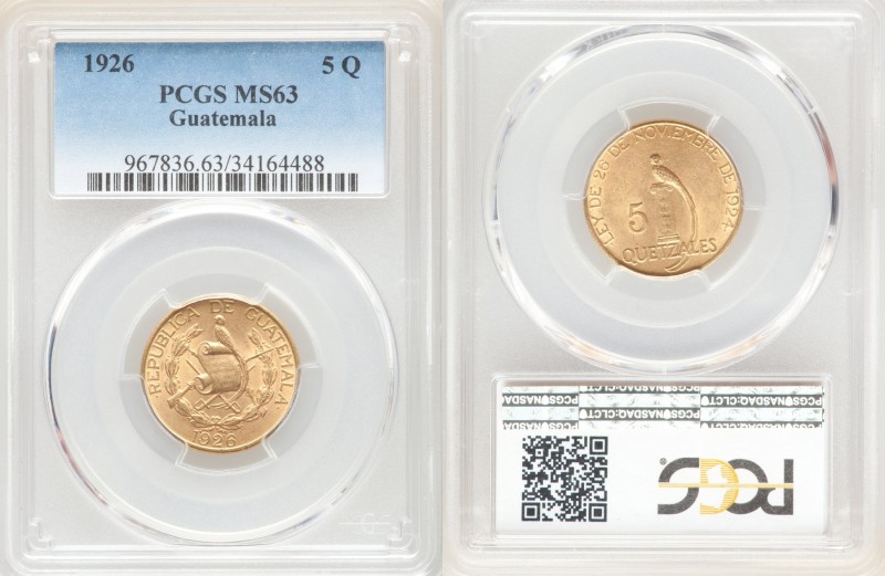 Republic gold 5 Quetzales 1926-(P) MS63 PCGS, Philadelphia mint, KM244. Mintage:...