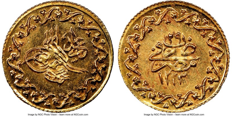 Ottoman Empire. Mahmud II gold 10 Qirsh AH 1223 Year 29 (1836/1837) MS66 NGC, Mi...