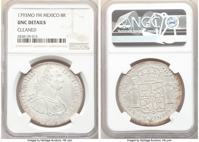 Charles IV 8 Reales 1793 Mo-FM UNC Details (Cleaned) NGC, Mexico City mint, KM10...