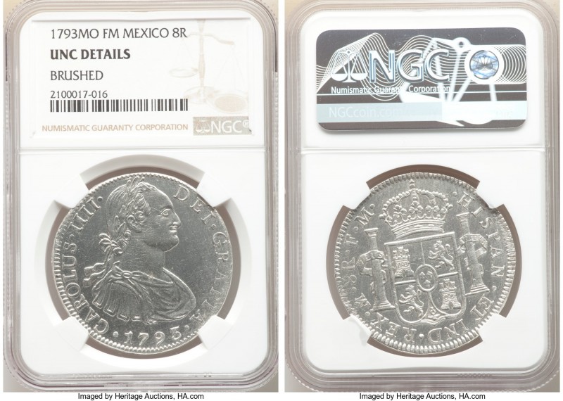 Charles IV 8 Reales 1793 Mo-FM UNC Details (Brushed) NGC, Mexico City mint, KM10...