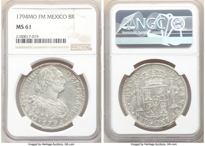 Charles IV 8 Reales 1794 Mo-FM MS61 NGC, Mexico City mint, KM109. Semi-prooflike...